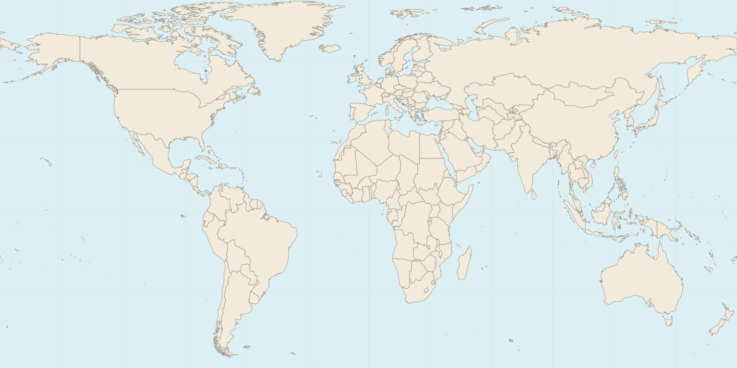 World map with selectable country boundaries and pale aqua oceans